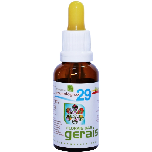 29 COMPOSTO FLORAL N°29 IMUNOLÓGICO 30ML - Auxiliam nas alergias dermatológicas, respiratórias e gripes, agem como um depurativo e aumentam a resistência e a imunidade. - Imagem 1
