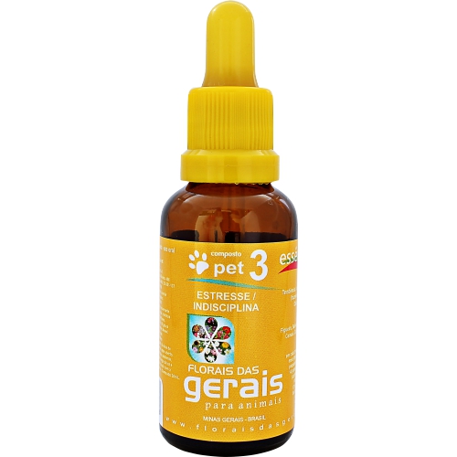 pet 3 COMPOSTO FLORAL PET 3 ESTRESSE / INDISCIPLINA 30ML - Para animais estressados e indisciplinados, com tendência a alergias respiratórias, perda de apetite e que latem com frequência. - Imagem 1