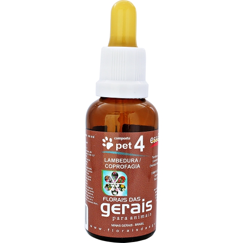 pet 4 COMPOSTO FLORAL PET 4 LAMBEDURA / COPROFAGIA 30ML - Para animais que se lambem muito, comem as fezes, com tendência a compulsão alimentar, obesidade, manias, alergias na pele e que não gostam de mudanças. - Imagem 1